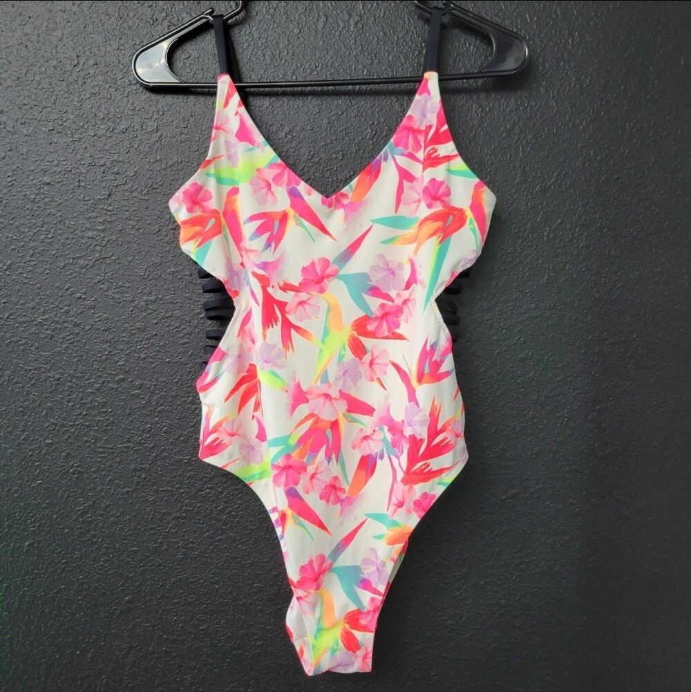 PINK Victoria’s Secret One Piece Swimsuit Large Tropical Floral Strappy Cutout